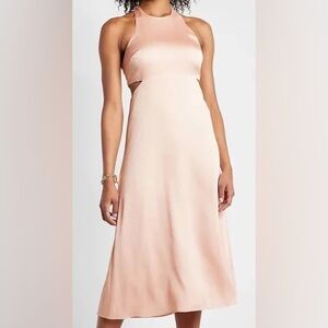 Express pink satin waist cut out halter T strap back cocktail formal midi dress